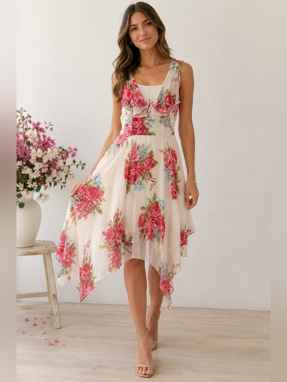 Betsey Johnson Vintage Floral Ruffle Handkerchief Hem Dress Size 14